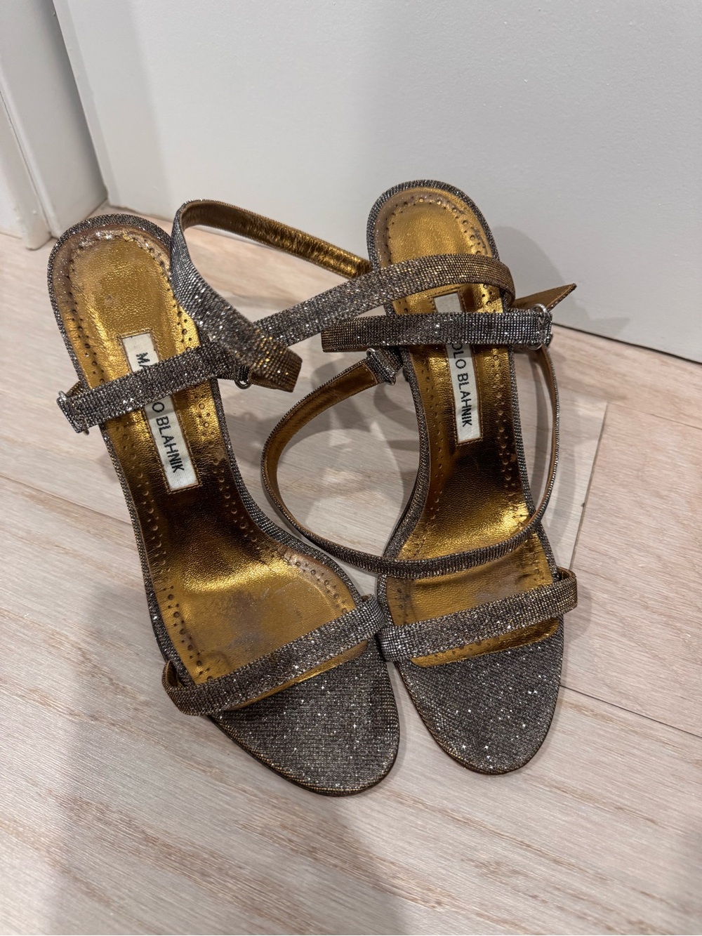Manolo Blahnik Sparkling Gold Strappy High-Heel Sandals - Picture 3 of 7